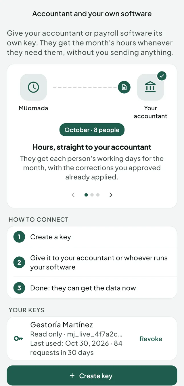 MiJornada screen to connect your accountant: an animated explanation, three steps to connect, an accountant's key with its last use, and the button to create another.
