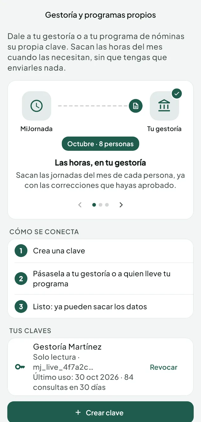 Pantalla de MiJornada para conectar la gestoría: explicación animada, tres pasos para conectar, la clave de Gestoría Martínez con su último uso y el botón para crear otra.